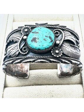 Vintage Native American Turquoise Sterling Silver Cuff Bracelet 105 Grams